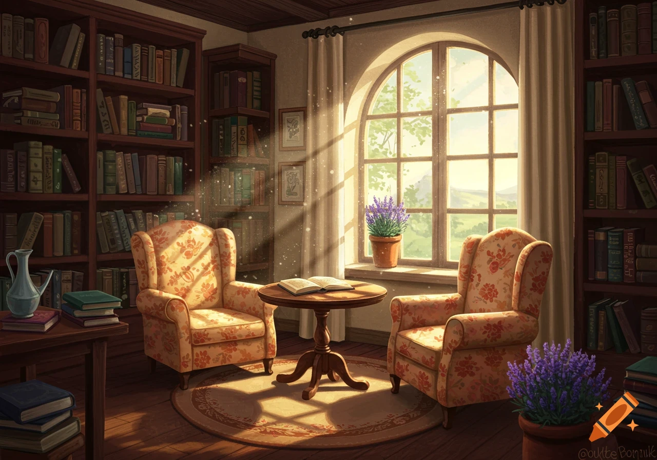 Cozy reading nook in a library with armchairs, bookshelves, a table, and a large sunlit window.