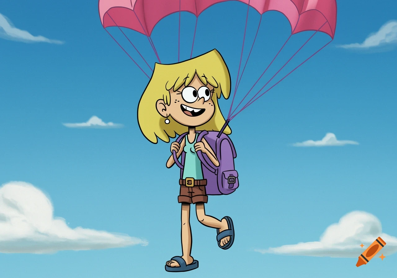 A cartoon character with blonde hair and a backpack floats under a pink parachute in a blue sky.