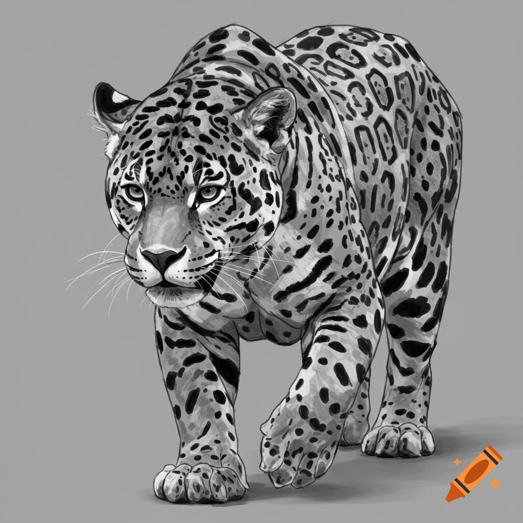 A monochrome drawing of a jaguar walking forward.