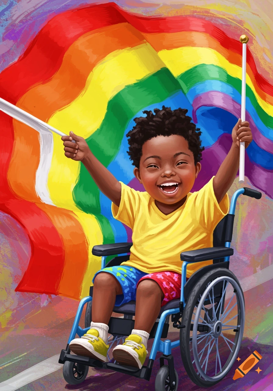 Happy Black child with Down Syndrome in a wheelchair holding a rainbow pride flag, digital painting.
