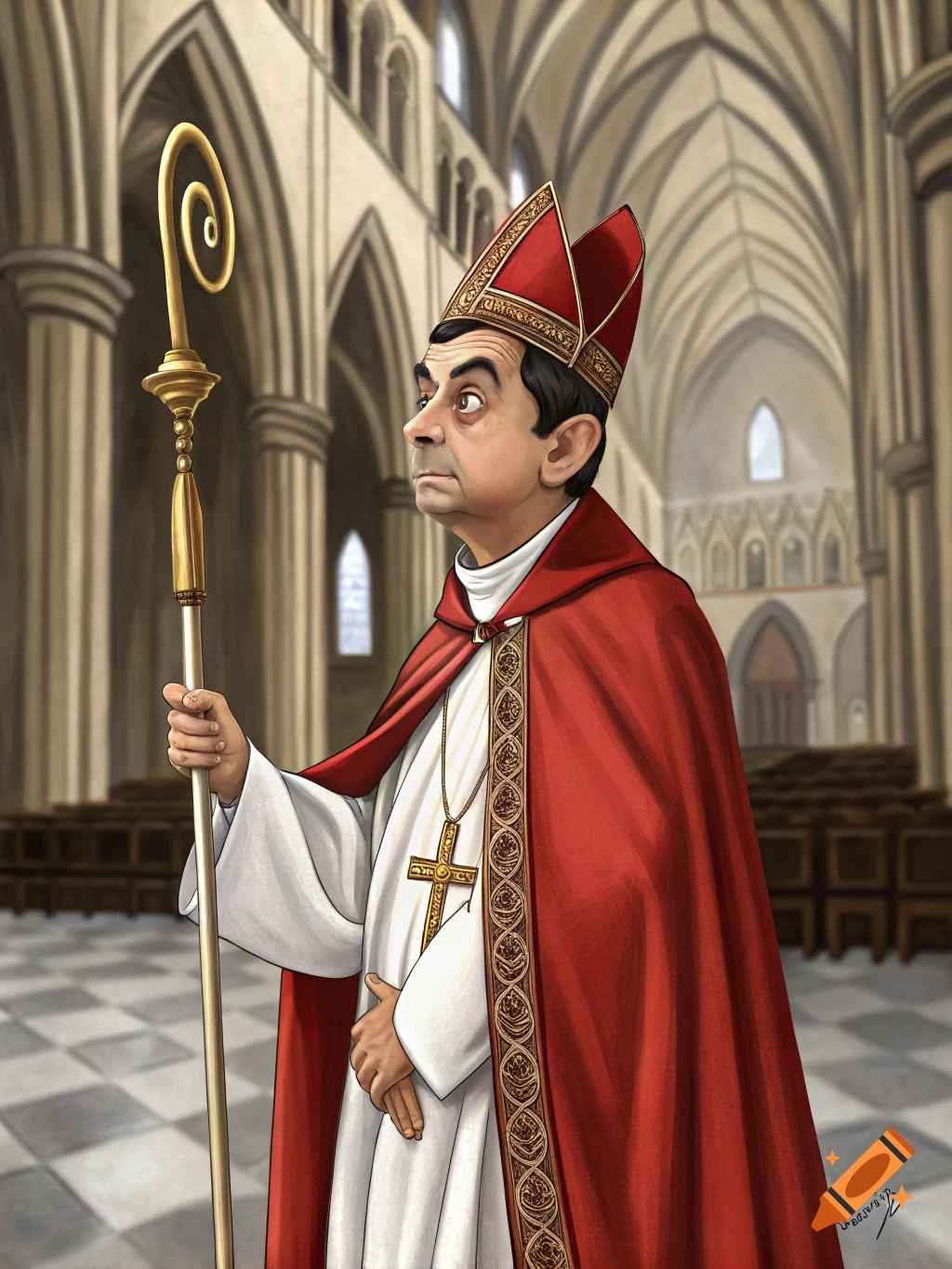 Cartoon caricature of Mr. Bean dressed as the Pope standing in a church.