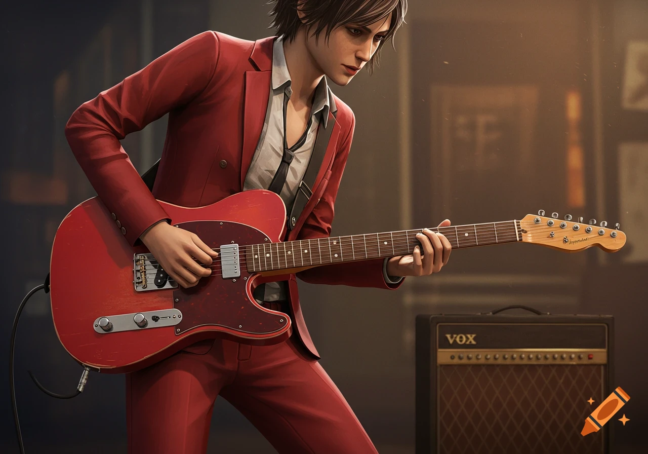 A person in a red suit plays a red electric guitar with a VOX amplifier in the background.