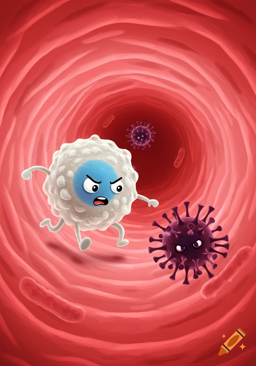 Cartoon white blood cell chasing a virus inside a blood vessel.