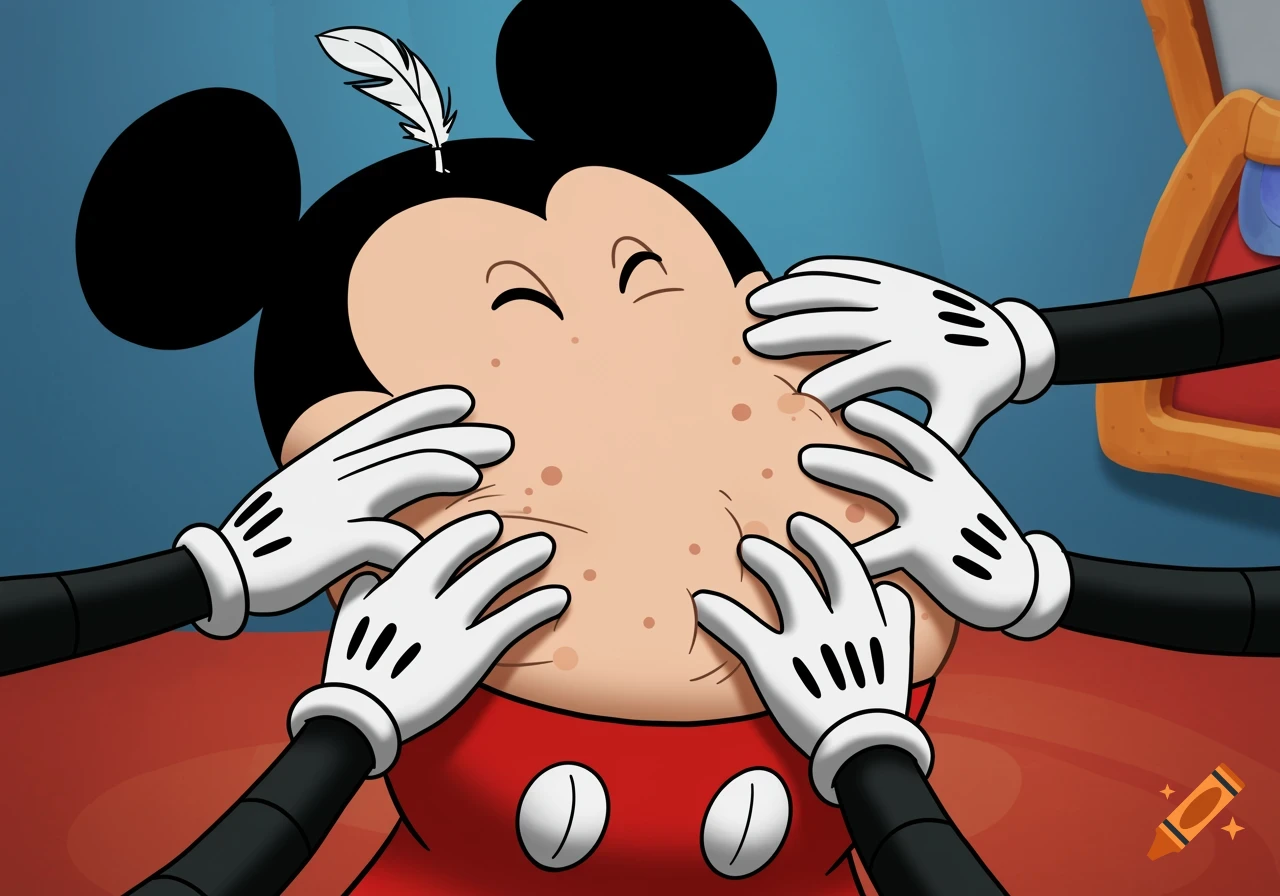 Cartoon Mickey Mouse gets his face/belly squeezed and tickled by multiple gloved hands, with a feather on his head.
