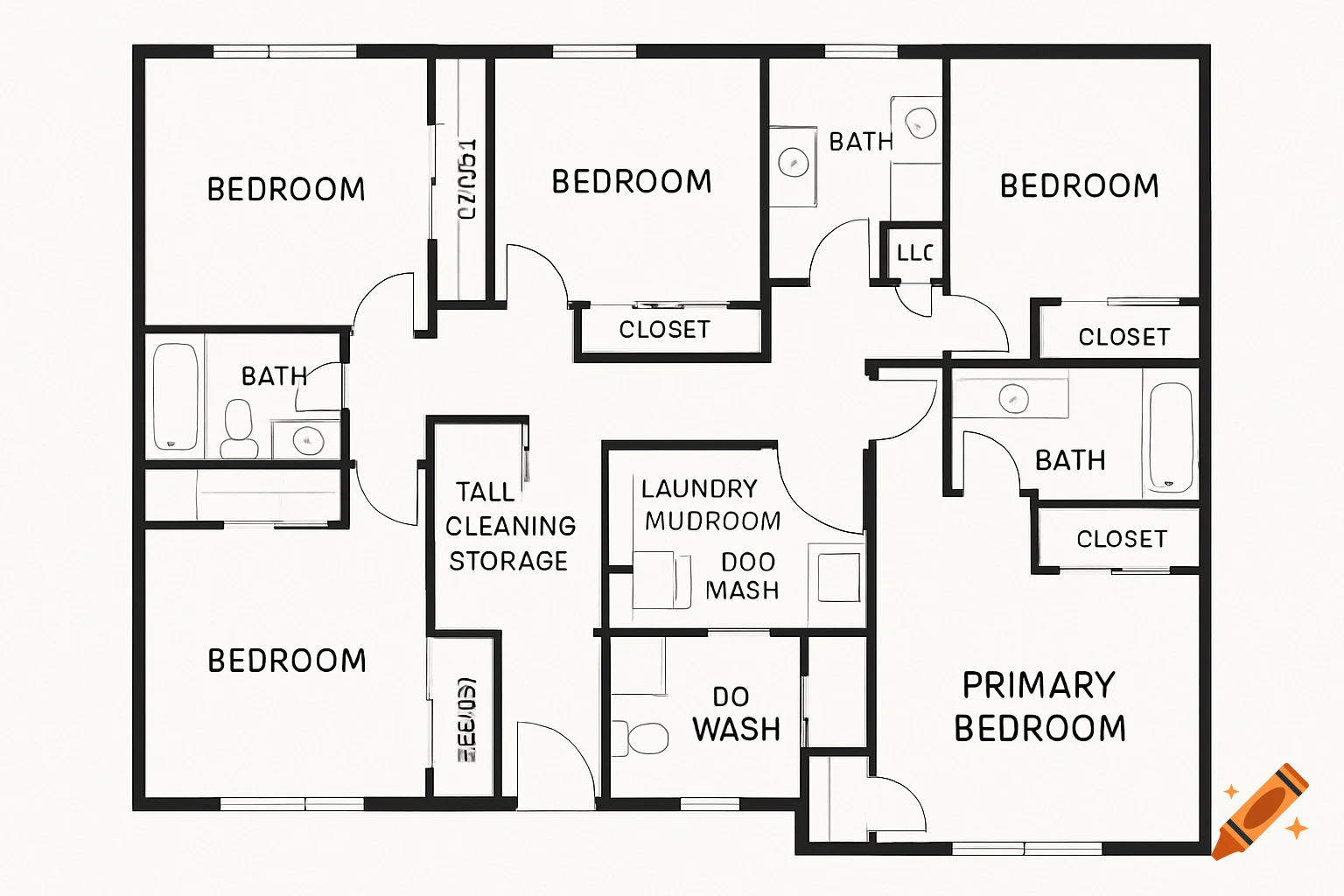 Floor plan showing rooms labeled bedroom, bath, closet, laundry, and storage.