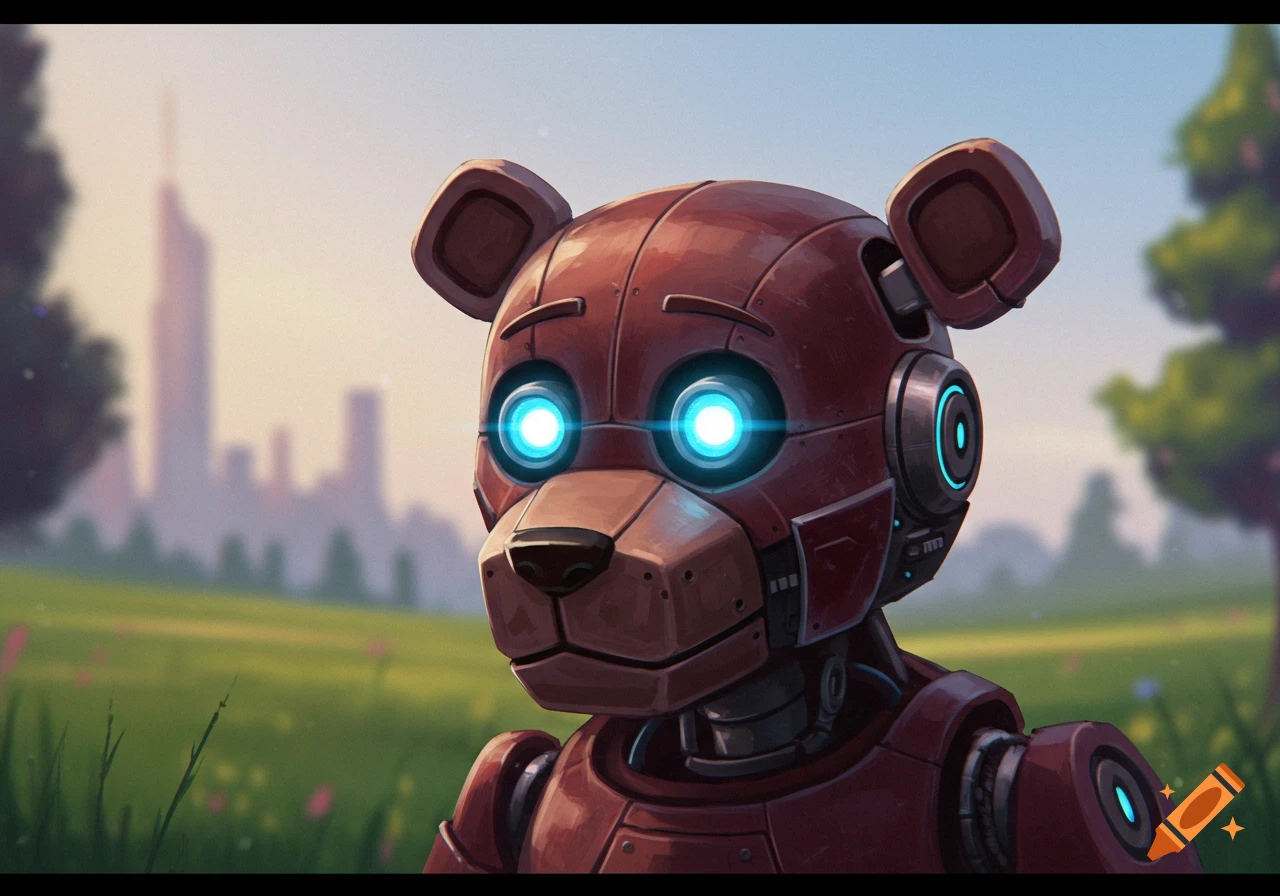 A red robot bear with glowing blue eyes sits in a field with a city skyline in the background.