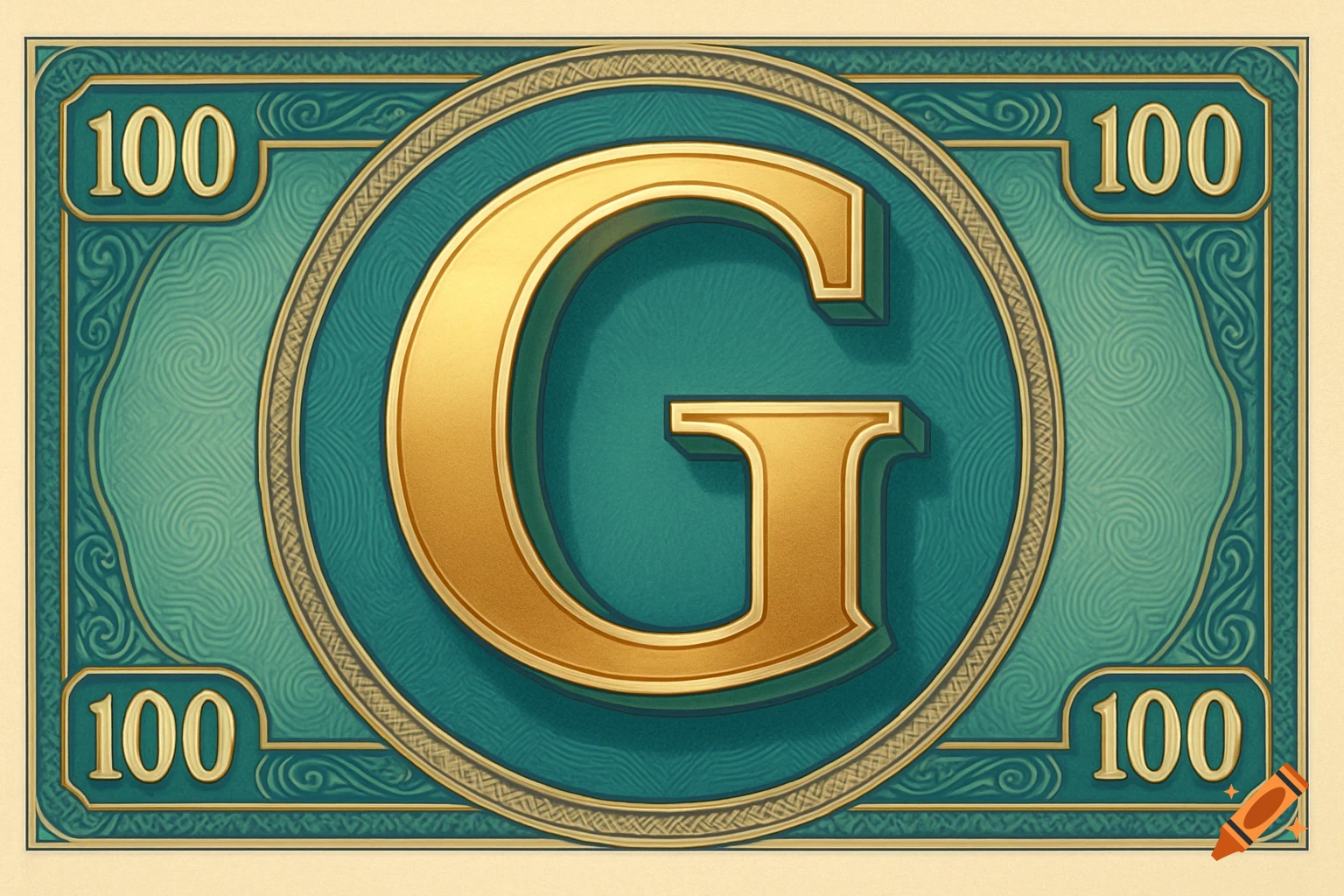 Stylized currency design with a large golden letter G and the number 100