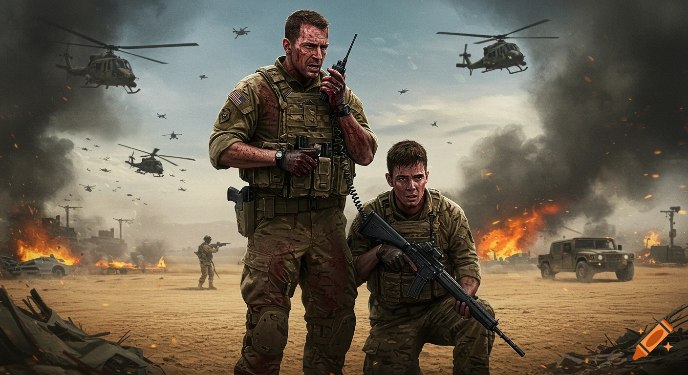 Two soldiers stand and kneel on a chaotic desert battlefield with helicopters and explosions.
