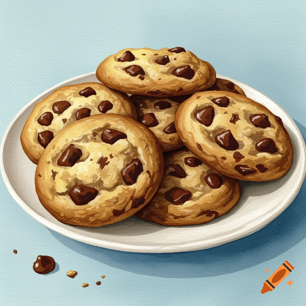 Watercolor painting of chocolate chip cookies on a white plate.