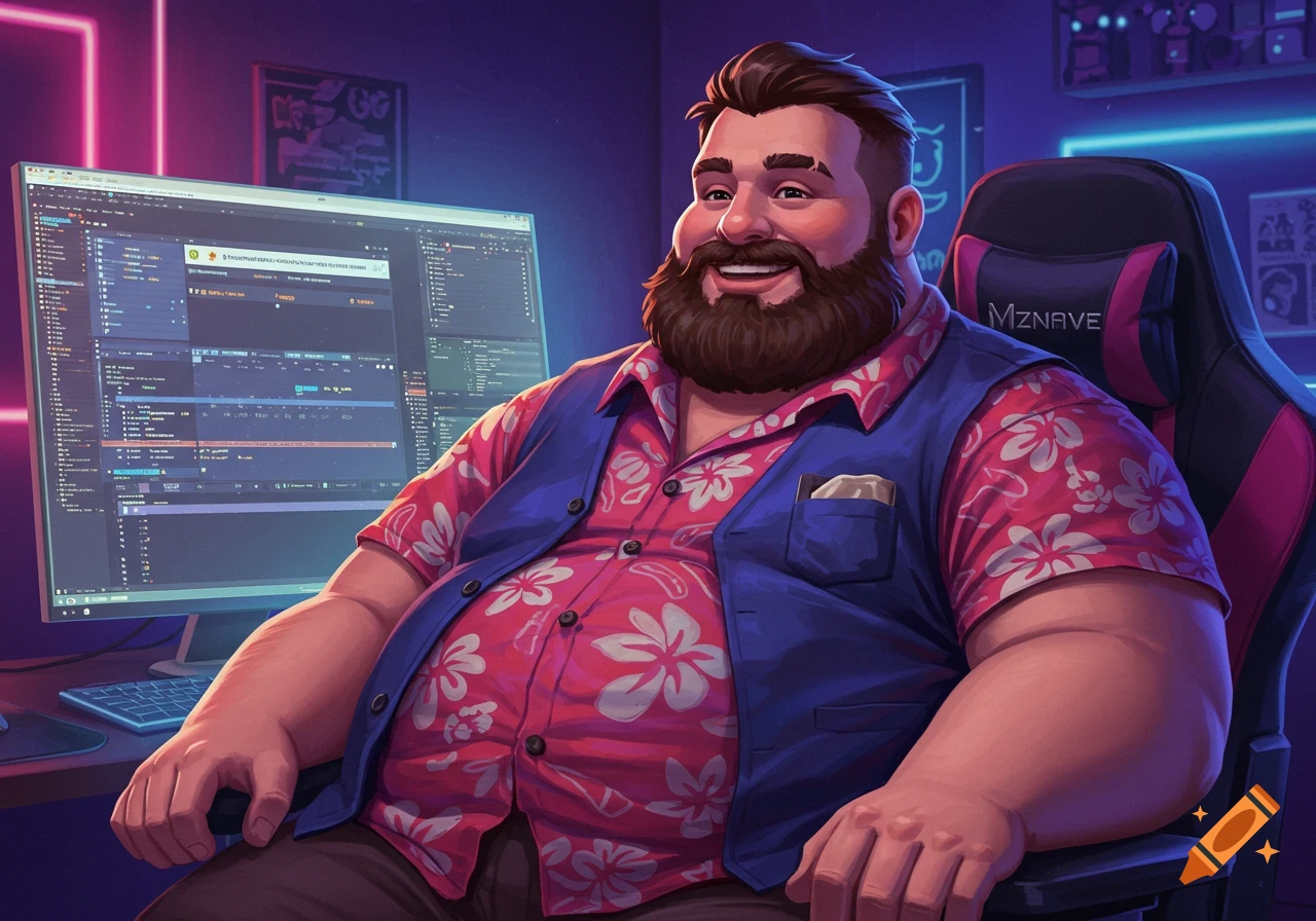 An illustration of a smiling man with a beard sitting in a gaming chair in front of a computer screen showing code or data.