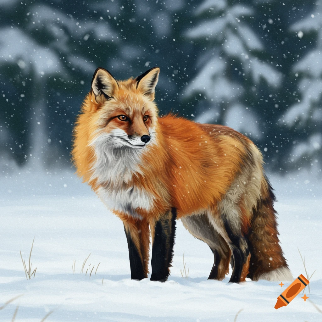 A red fox stands in the snow in a forest during snowfall.