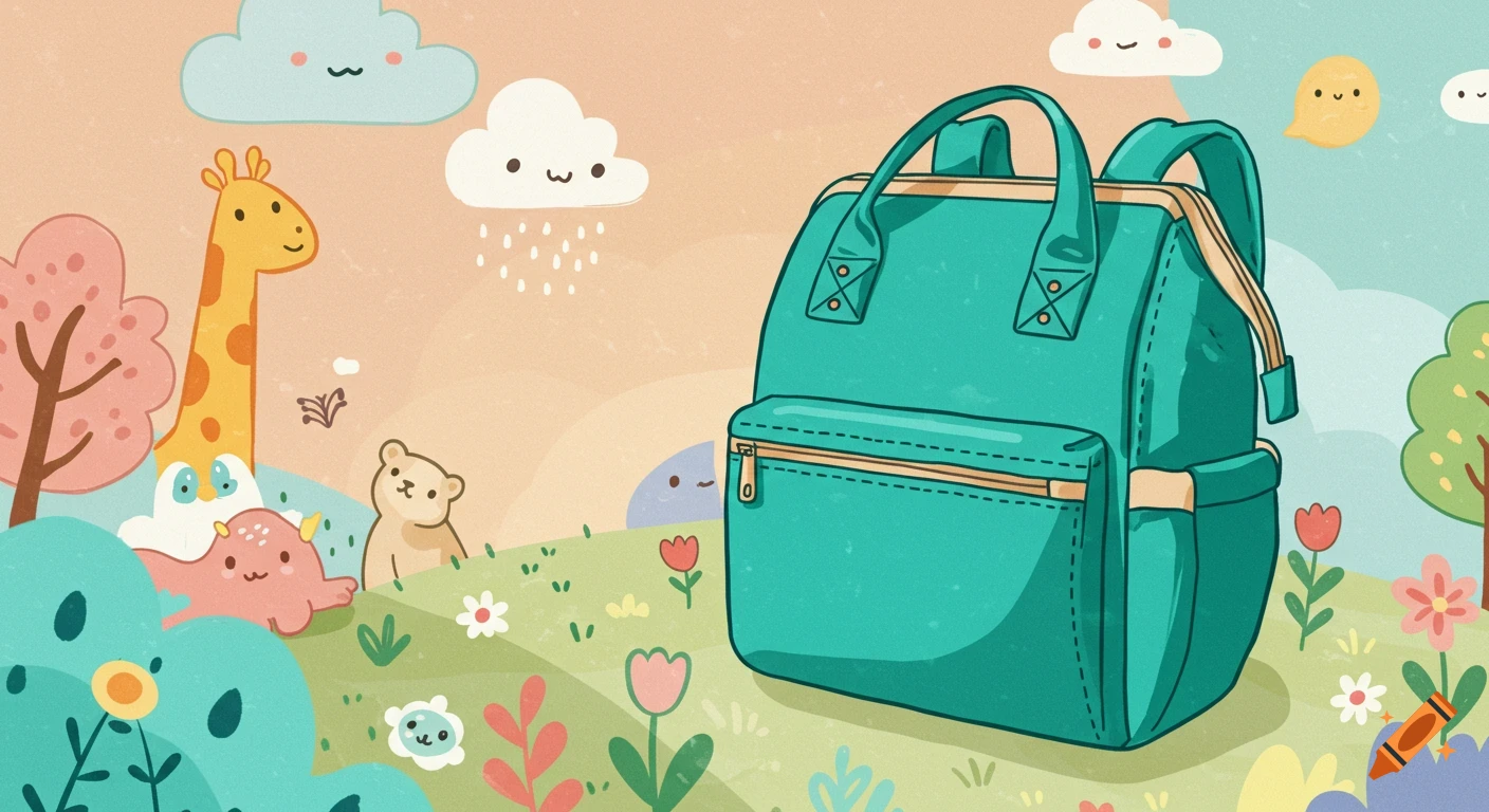 A teal backpack in a cartoon landscape with a giraffe, bear, and other cute animals among trees, clouds, and flowers.