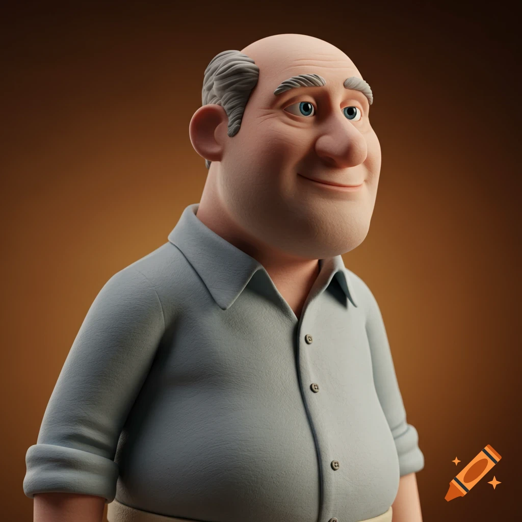 3D render of a smiling bald middle-aged man