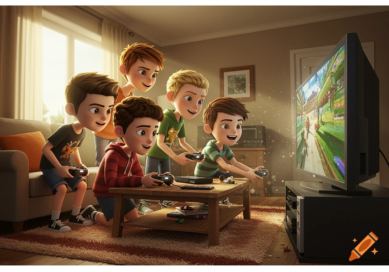 Four cartoon boys excitedly playing video games in a living room.