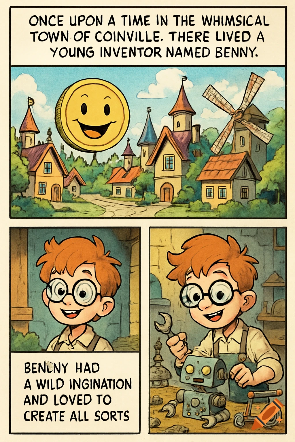 Cartoon comic page with panels. Top panel: a whimsical town with a giant smiling coin. Bottom panels: a young inventor boy building a robot.