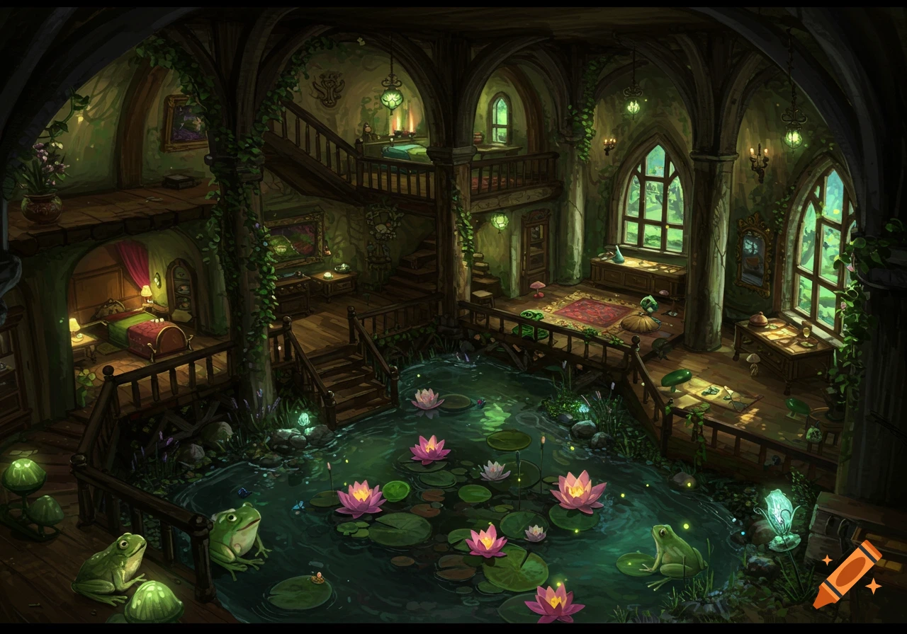 A fantasy fairy home interior with an indoor pond, lily pads, frogs, and moody lighting.