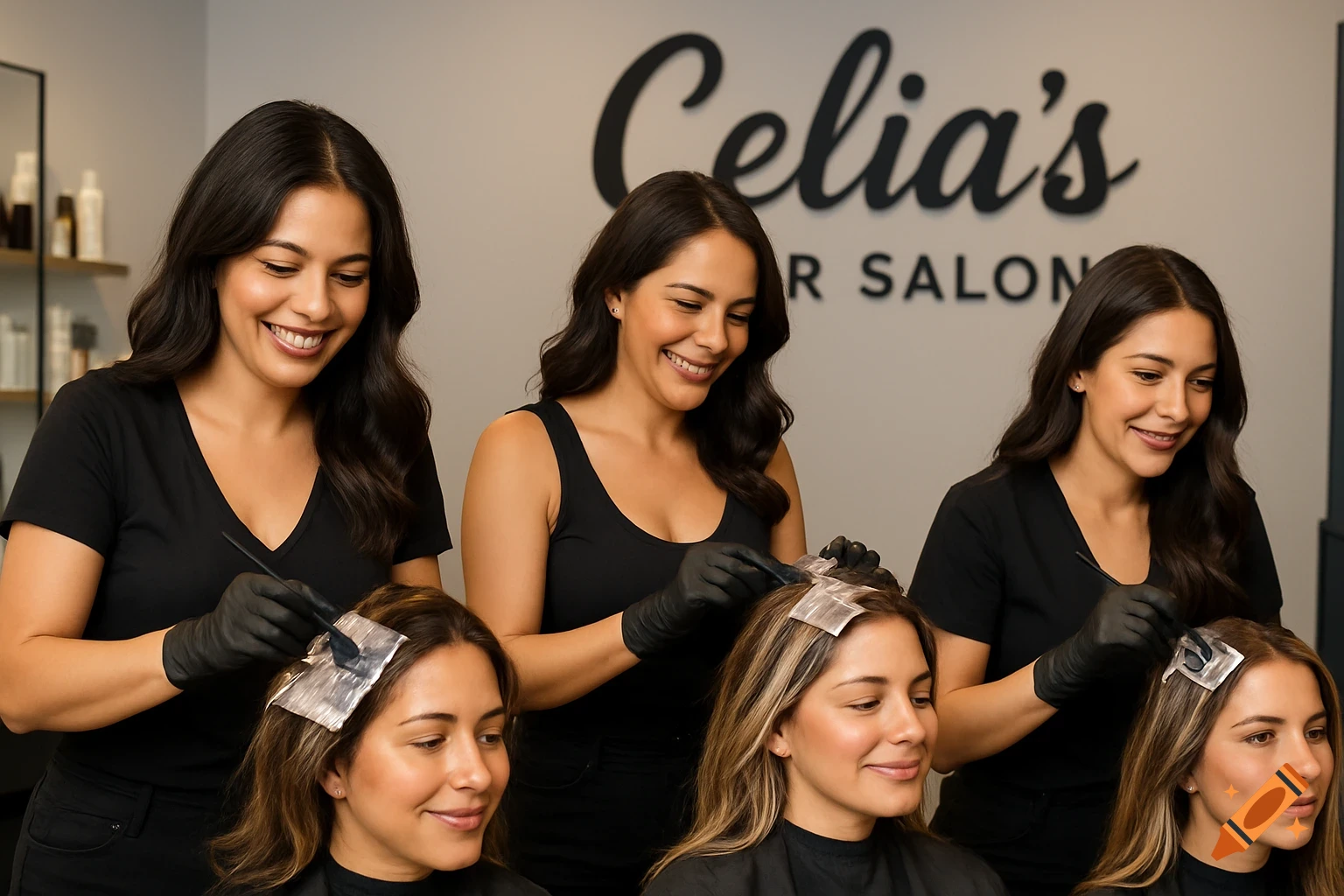 Hairdressers in a salon apply hair color to clients. Text on wall says "Celia's Hair Salon".