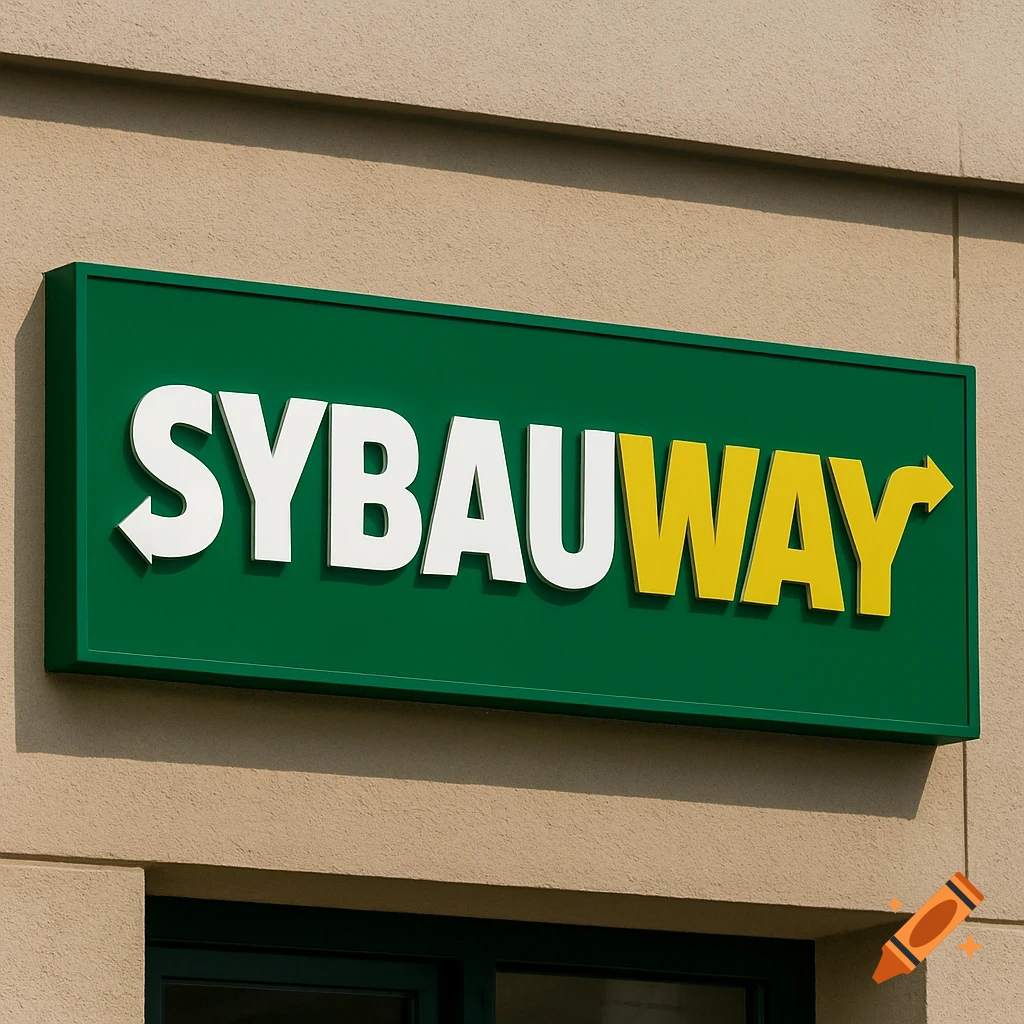 A green sign with white and yellow text reading "SYBAUWAY" mounted on a beige building wall.
