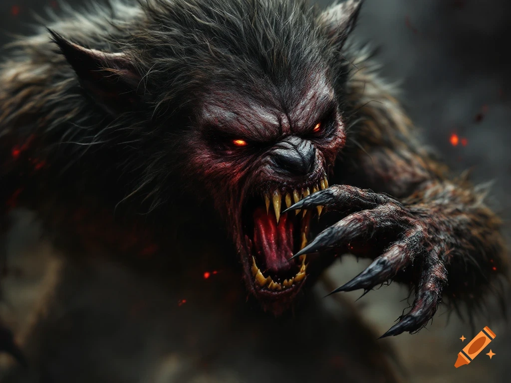 Close-up realistic photo of a snarling werewolf roaring, eyes glowing red, claw extended.