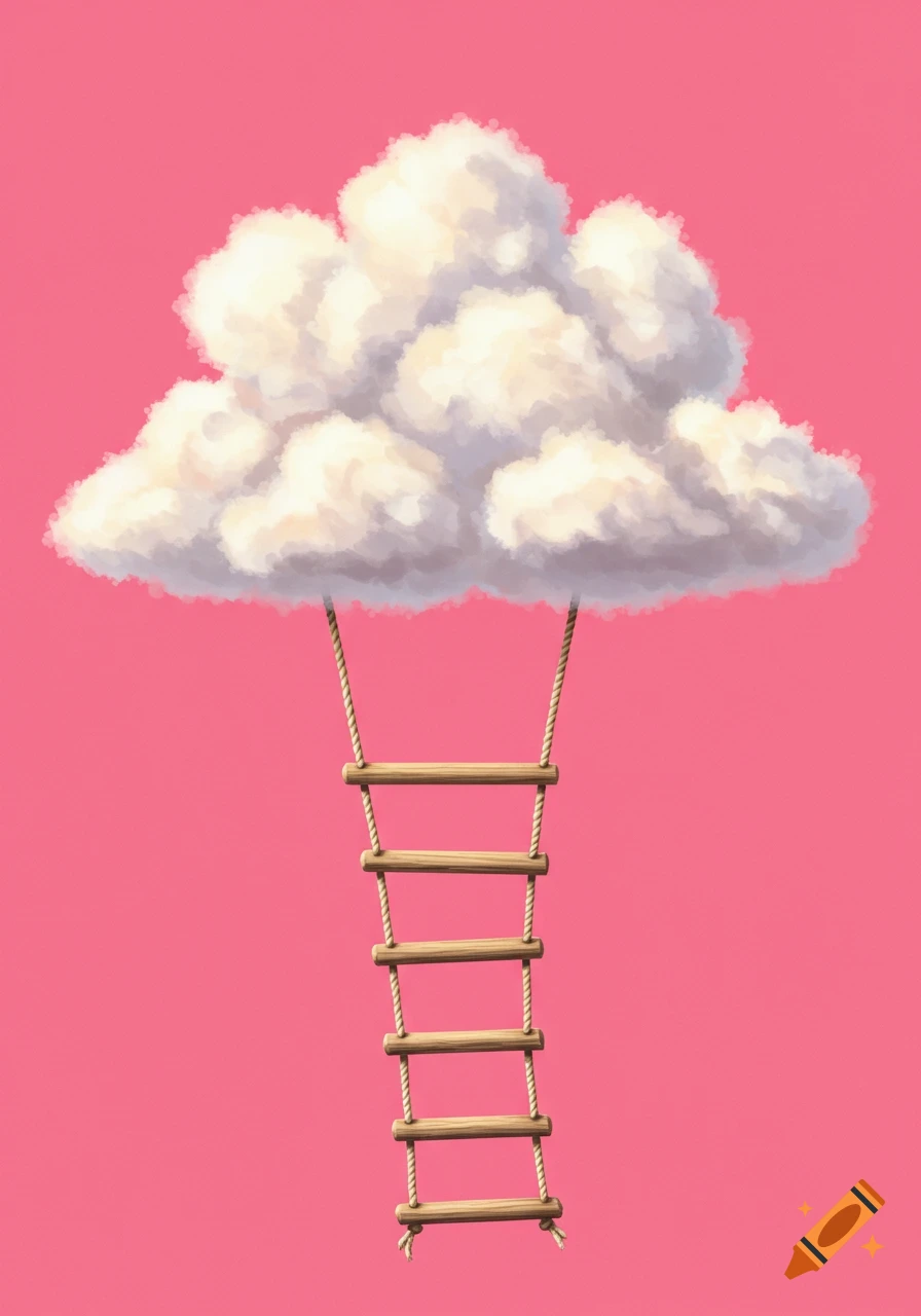 A rope ladder hangs from a fluffy white cloud against a bright pink background.