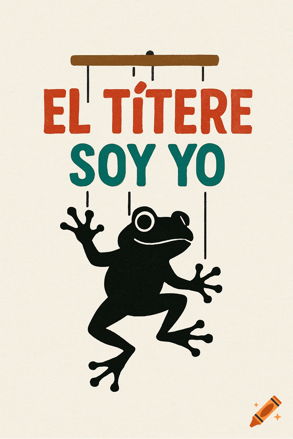 Playful illustration logo with a black frog silhouette puppet and Spanish text 'EL TÍTERE SOY YO'.