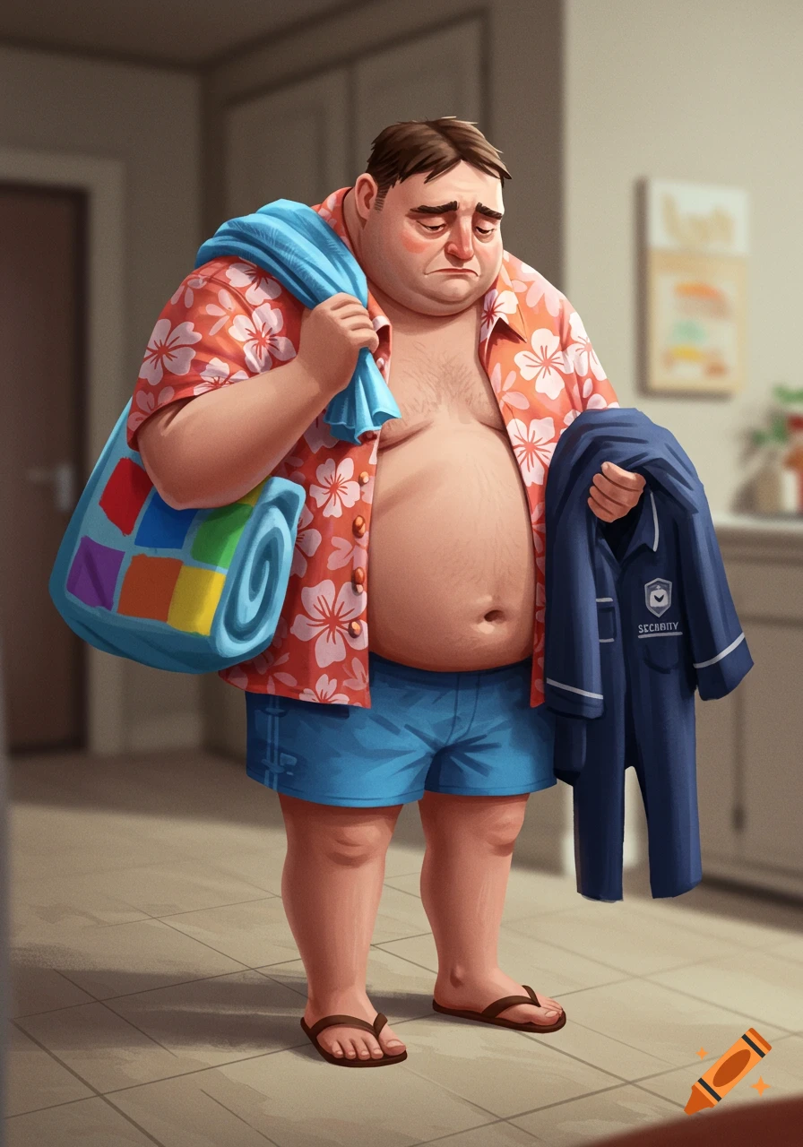 A sad, overweight man in a Hawaiian shirt carries a beach bag and a security uniform.
