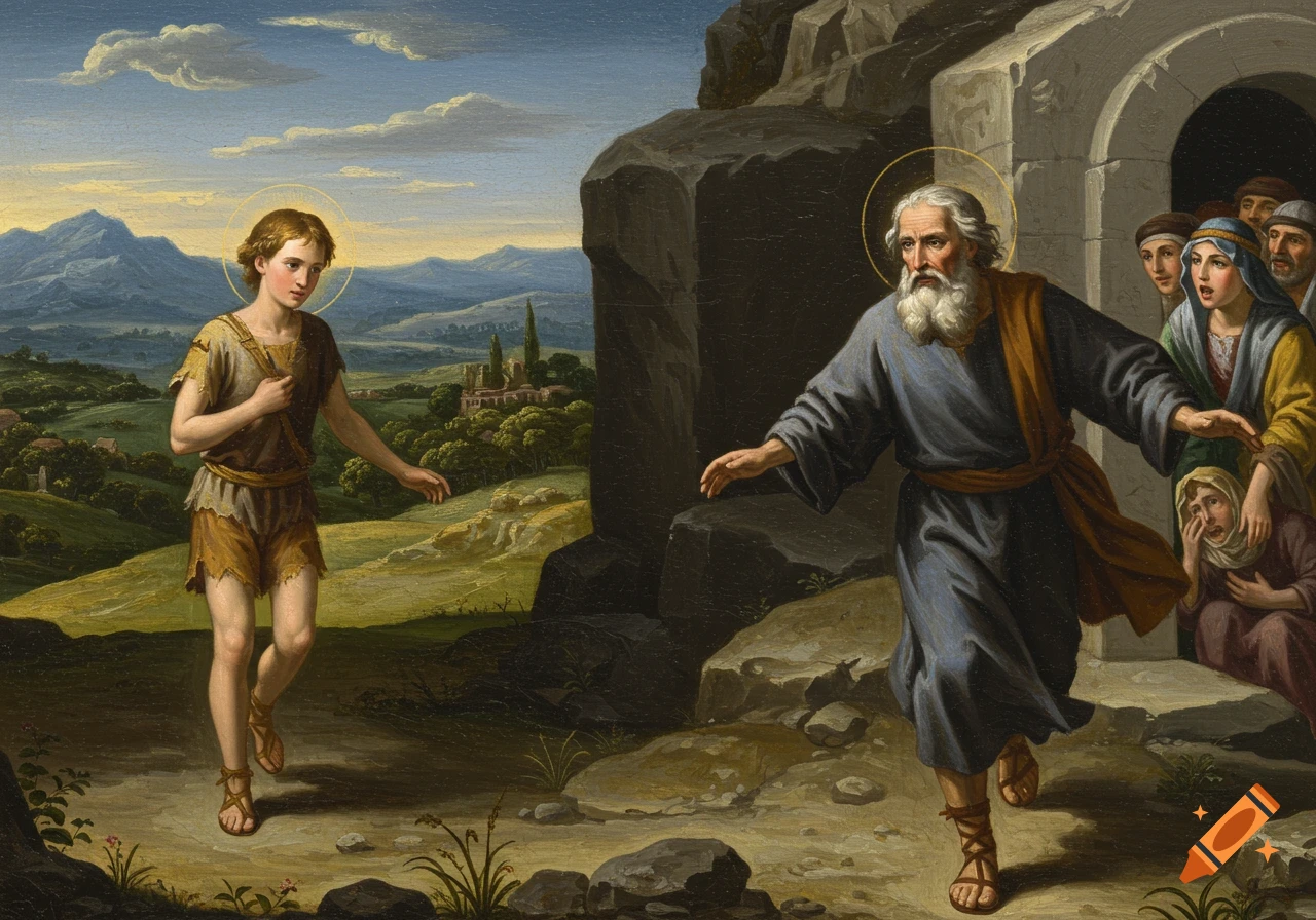A painting depicts a young man in rags with a halo walking towards an older man with a beard and halo, who is running towards him, while others look on from a cave entrance.