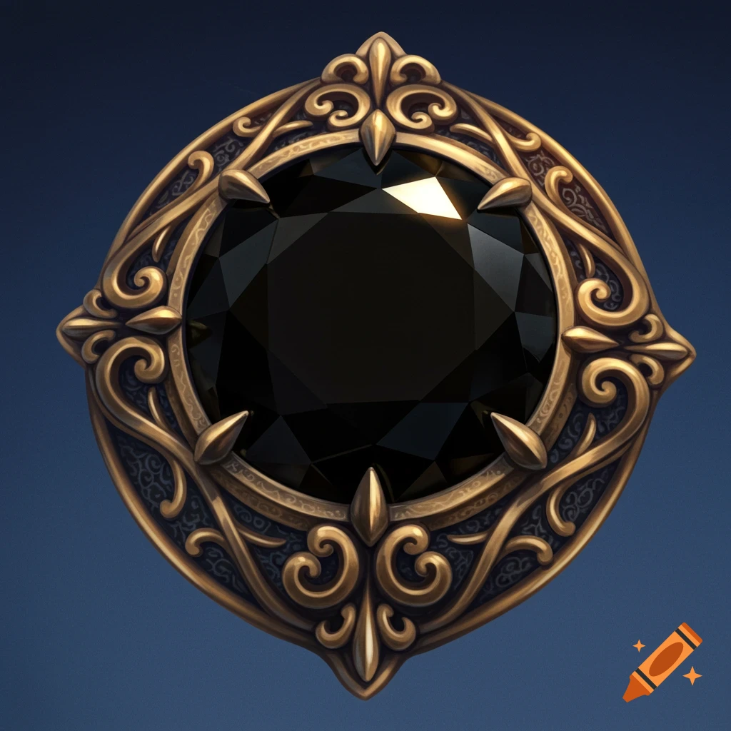 A dark circular gem surrounded by an ornate golden metal setting.