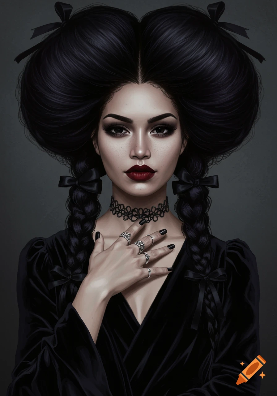 Portrait of a woman with dramatic dark hair styled in pigtails, gothic makeup, a lace choker, rings, and a black velvet dress.