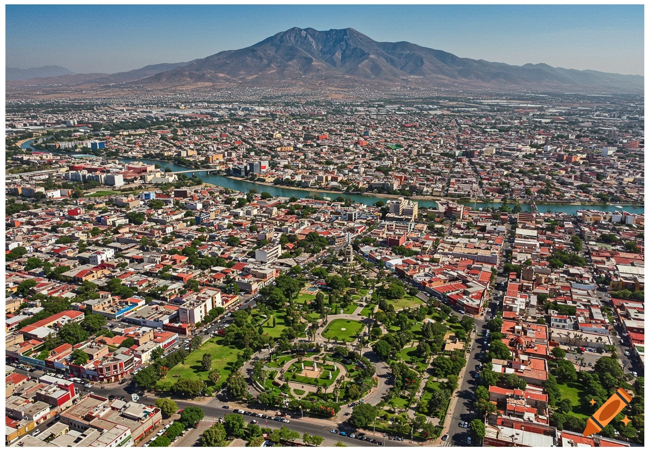 Aerial view of a city with a river flowing through it, a large park, and a mountain in the background.