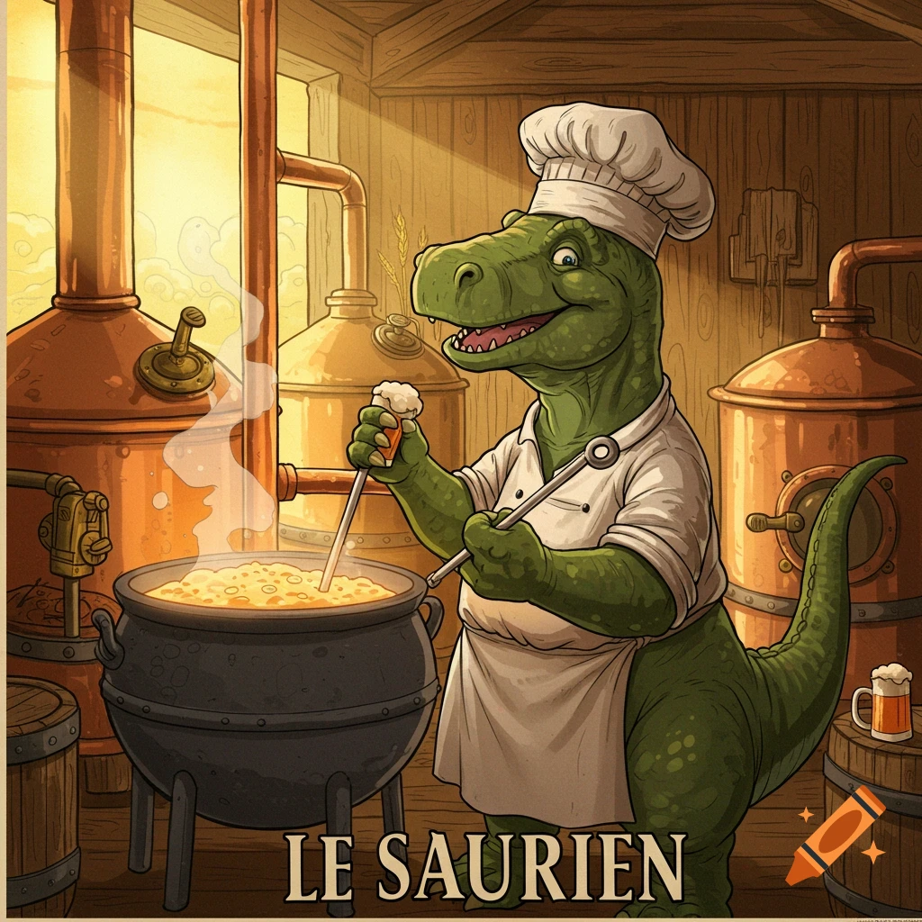 Cartoon illustration of a T-Rex wearing a chef's hat and apron, stirring a pot next to brewing equipment.