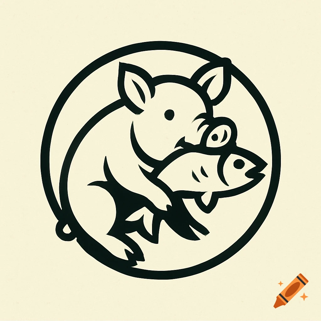 Black and white logo of a pig holding a fish inside a circle.