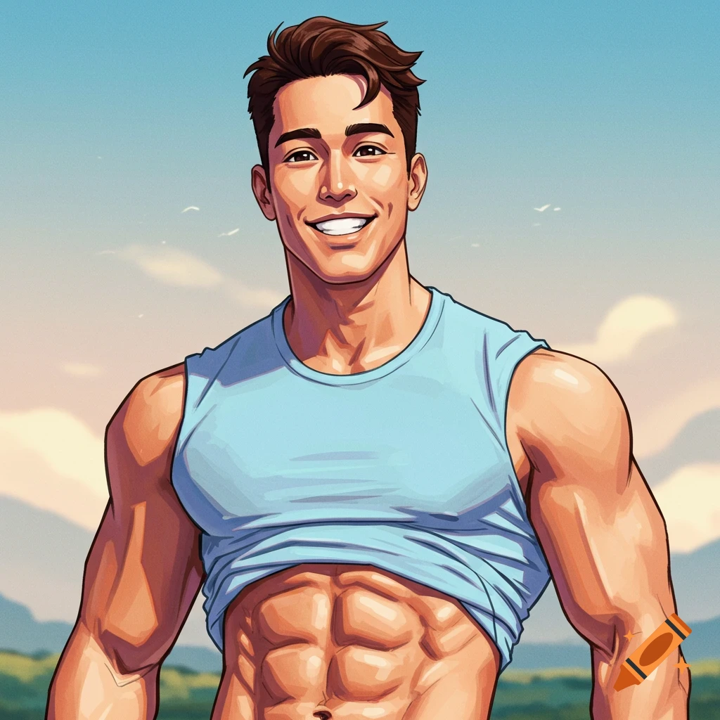 Stylized illustration of a smiling muscular man in a tank top showing his abs, outdoors.