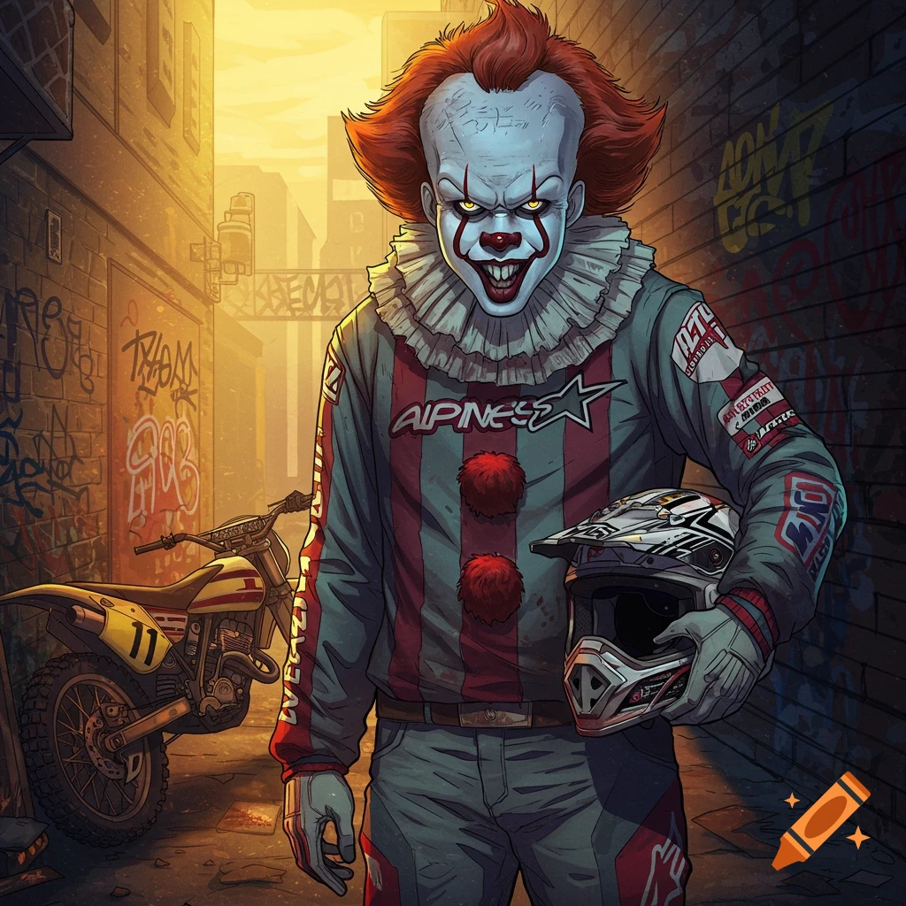Pennywise the clown in motocross gear holds a helmet next to a dirt bike in a graffiti alley.