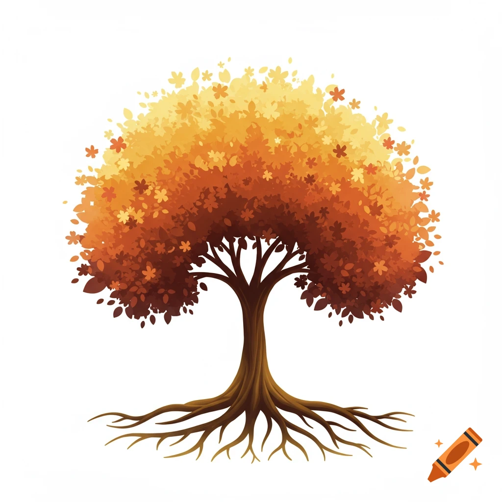 A stylized digital illustration of a tree with orange and yellow leaves ...