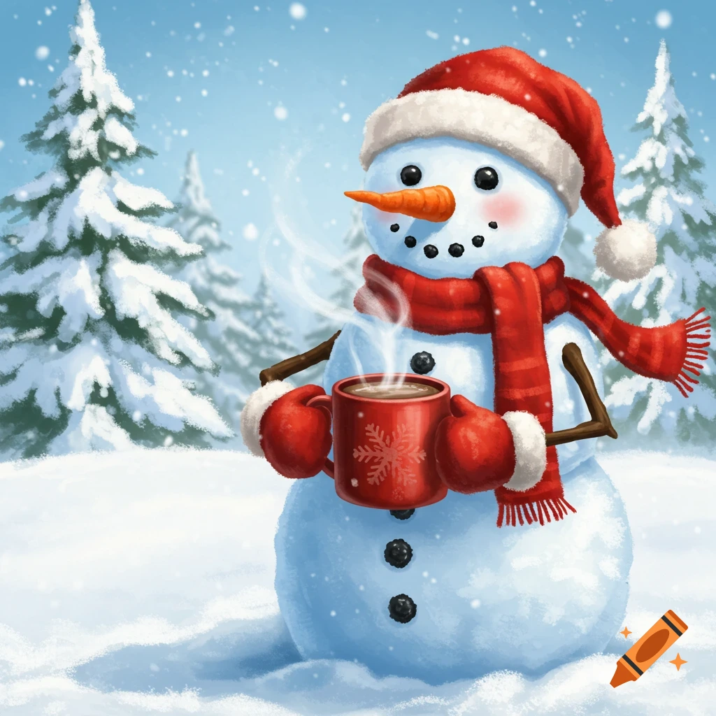 Cartoon snowman with Santa hat and scarf holds a steaming red mug in a snowy forest.