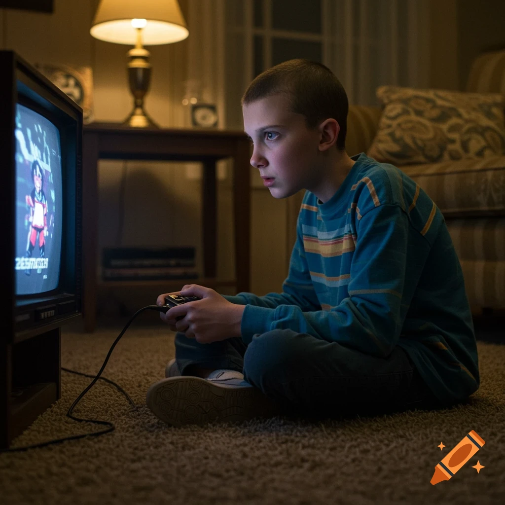 Child Eleven sits on a living room floor playing video games on a TV.