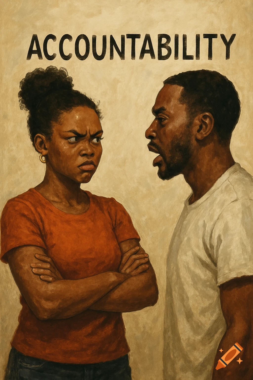 Illustration of a man and woman arguing, with 'ACCOUNTABILITY' written above them.