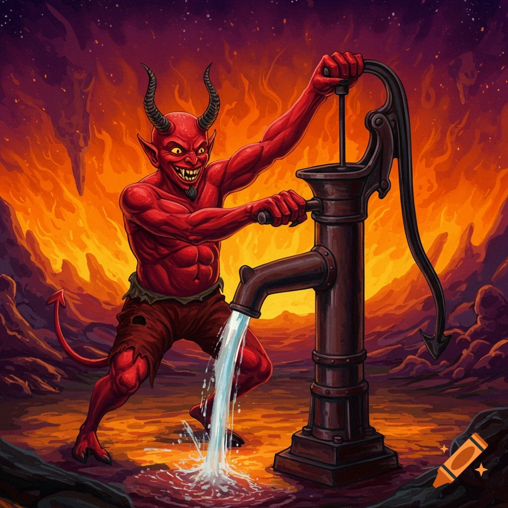 A red devil pumps water from an old pump in a fiery, hellish landscape.