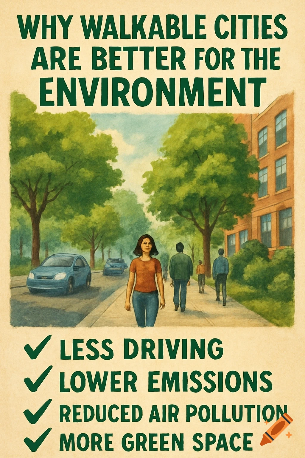 Vintage-style poster promoting walkable cities for the environment, showing people walking along a tree-lined street with text.