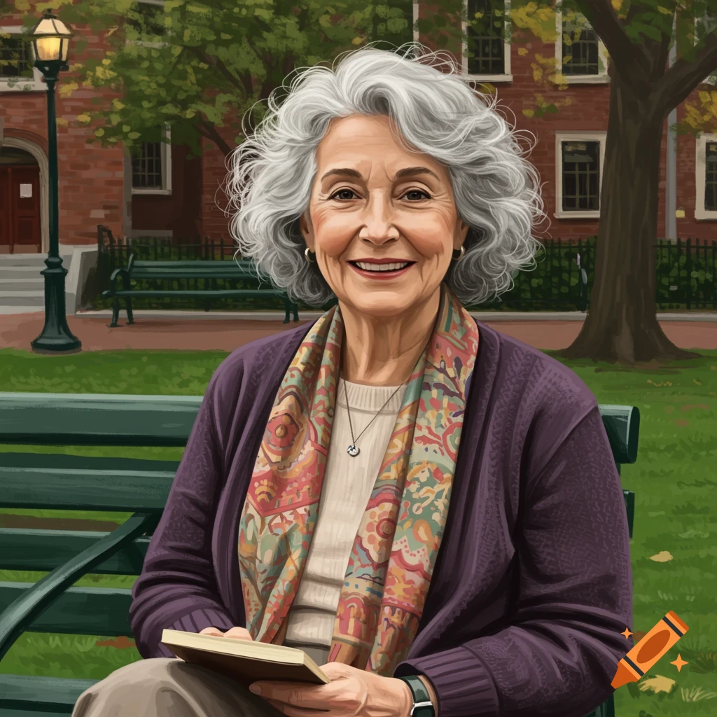 Painterly portrait of a smiling older woman sitting on a park bench with a book.