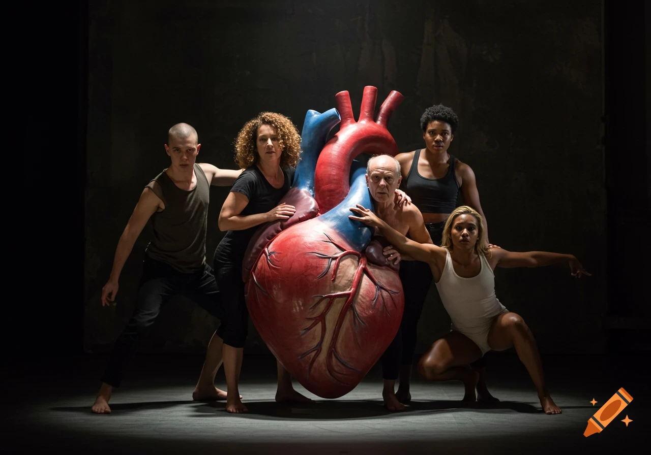 Five performers and a giant anatomical heart prop on a dark stage.