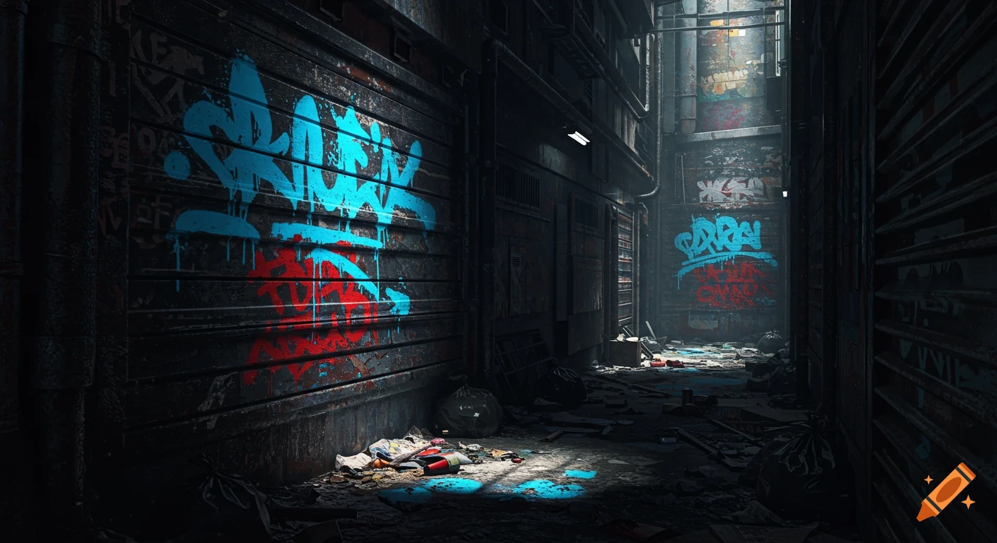 Dark, cluttered alley with blue and red graffiti sprayed on metal walls.
