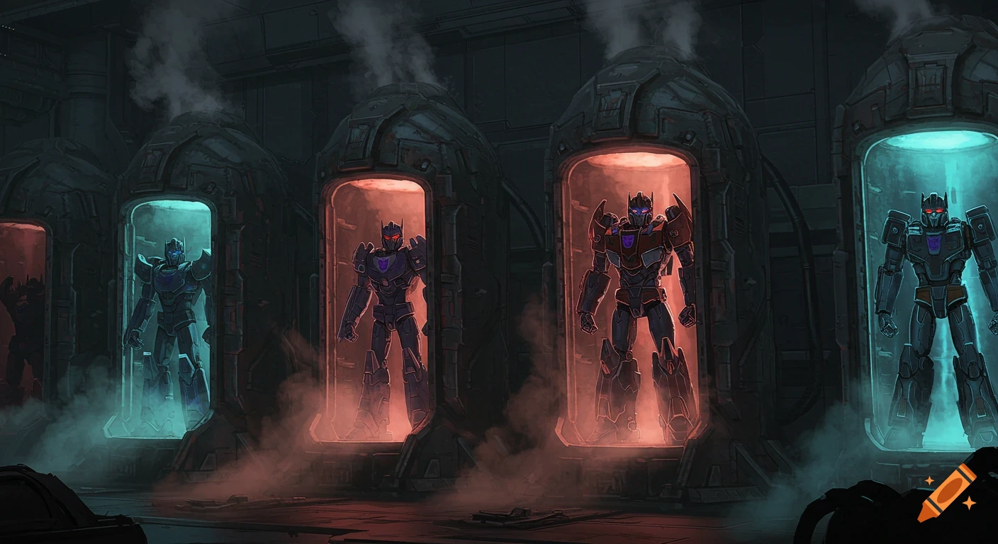Four robots in stasis pods in a dark, sci-fi lab.