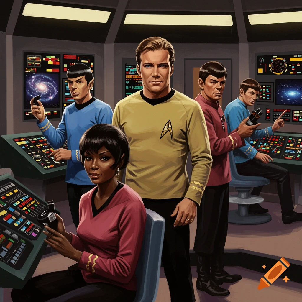 The Star Trek crew, including Kirk, Spock, and Uhura, stand on the bridge of the Enterprise.