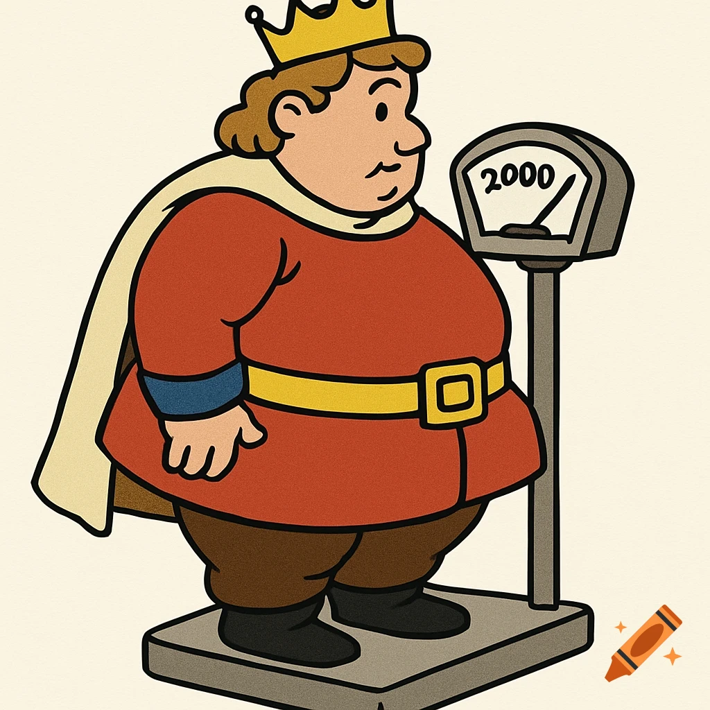 Clip art cartoon of a fat king standing on a scale showing 2000.