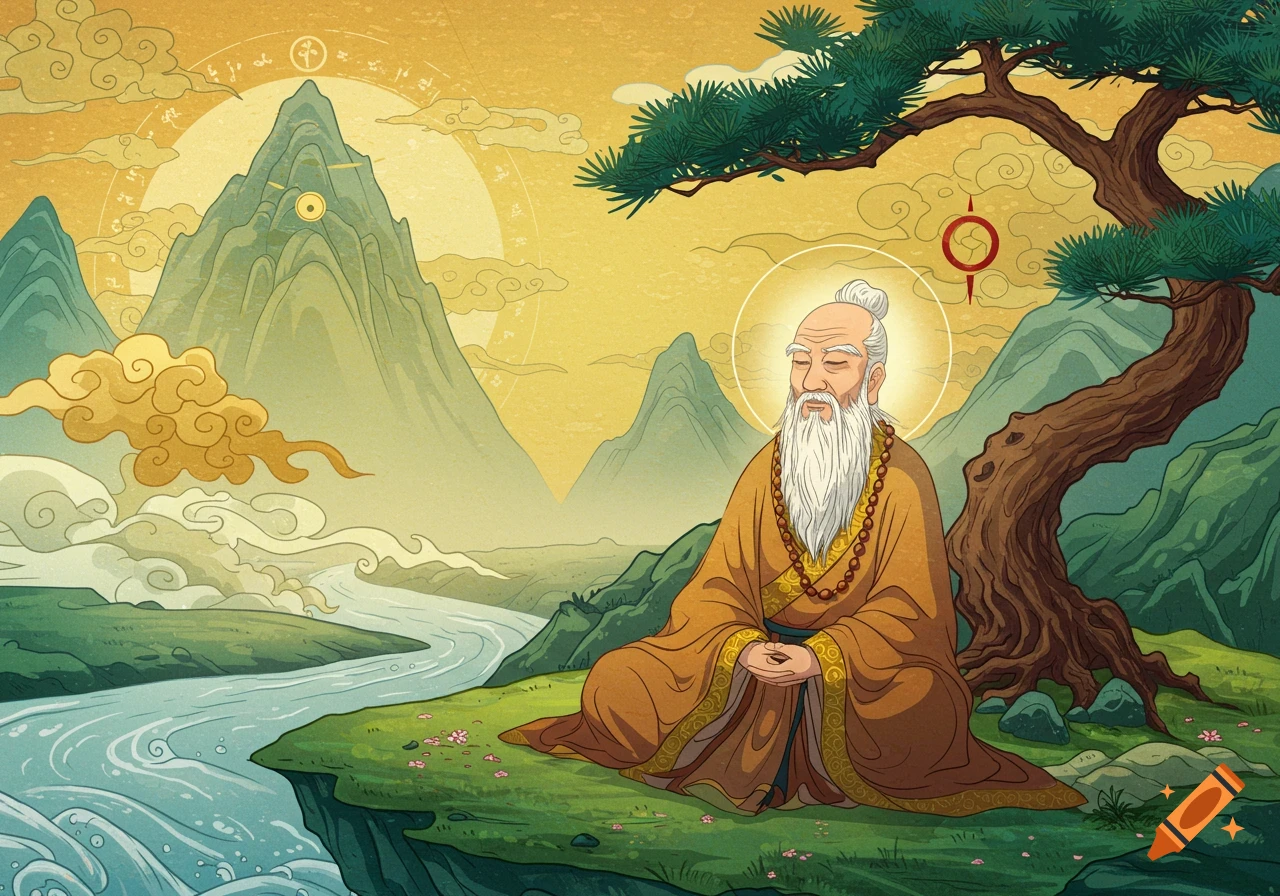 Stylized illustration of an old man meditating by a river in a mountainous landscape with trees and symbols.