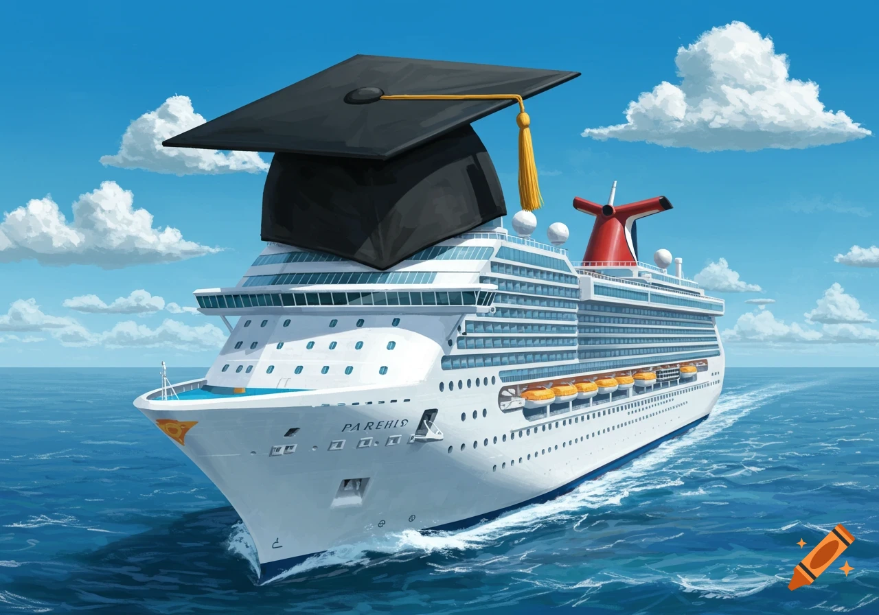 An illustration of a cruise ship sailing on the ocean with a large black graduation cap placed on top.