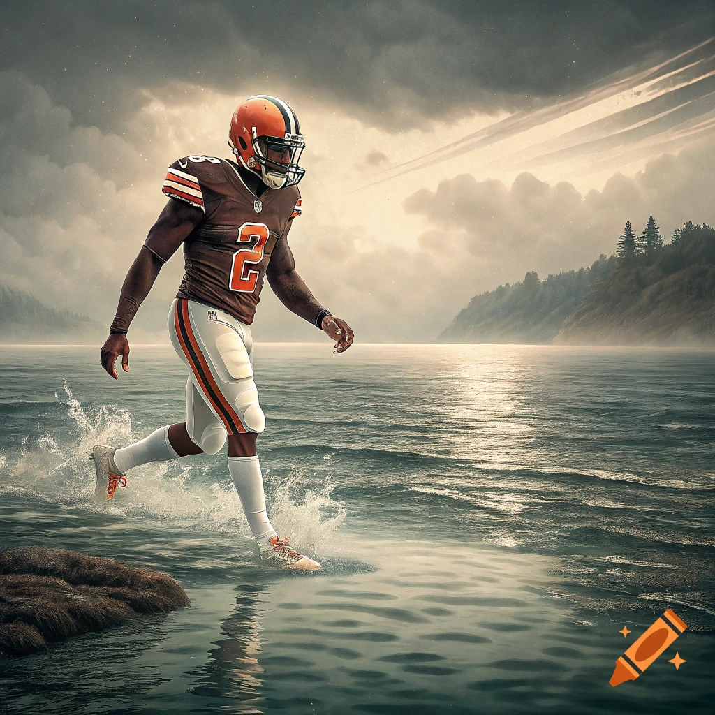 A Cleveland Browns football player in uniform walks on water under a stormy sky.