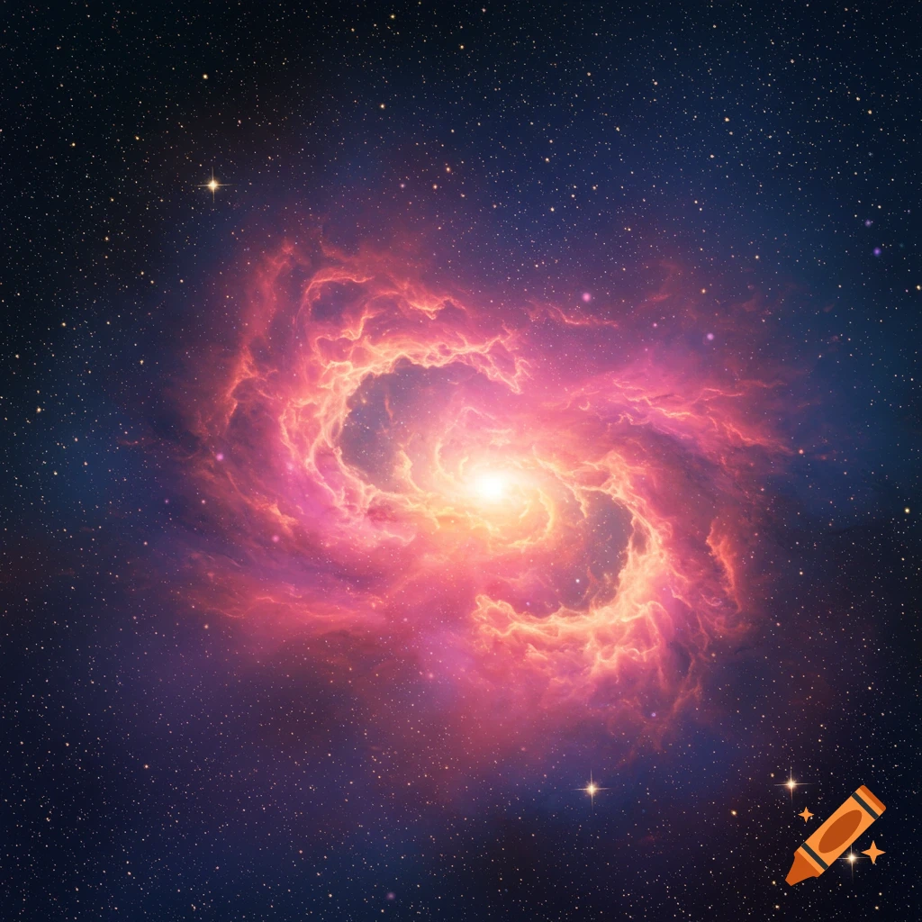 A bright pink and orange nebula swirling in dark space filled with stars.